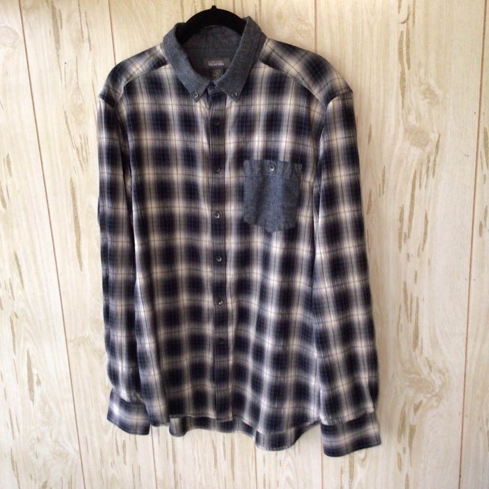 Men’s Kenneth Cole Reaction Gray White Plaid Button Down Shirt L